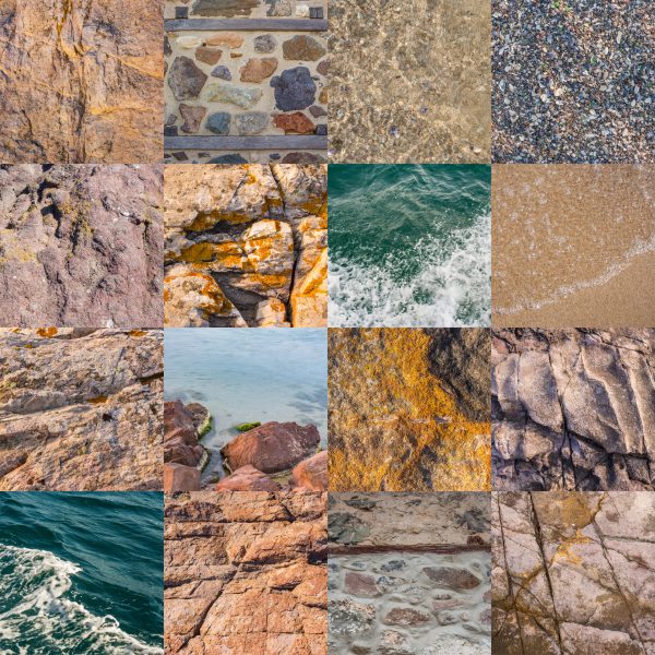 gride featuring pictures of stone and water elements in coastal colors